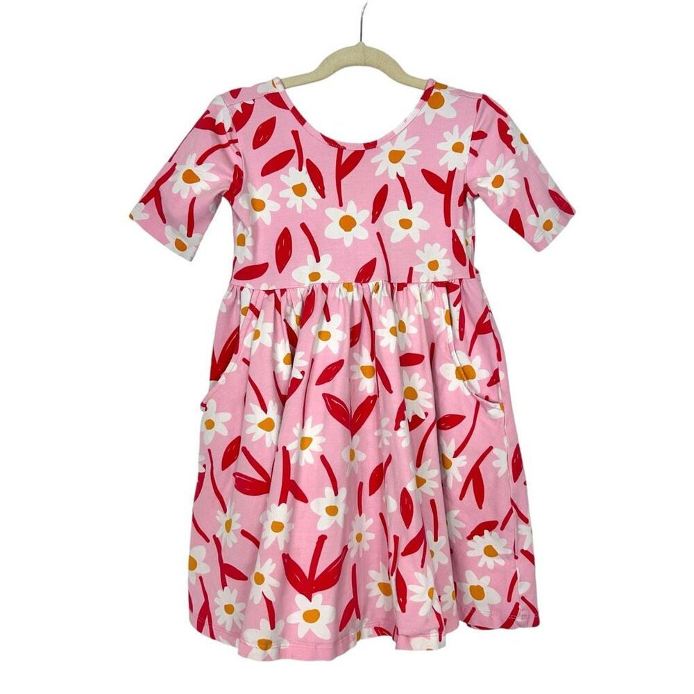 Hanna Andersson Dress Girls 6 Pink Red Floral Twirl Skater Floral Cotton Stretch - Picture 1 of 12